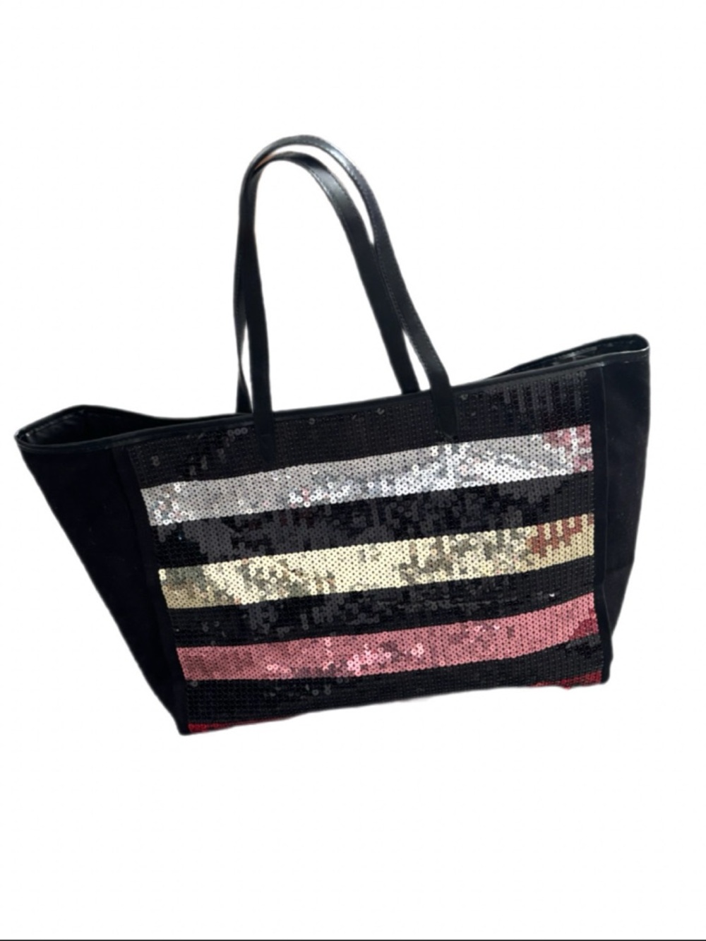 VS Love Victoria Black Canvas Weekender Tote – Pink Silver Gold Sequin Stripes